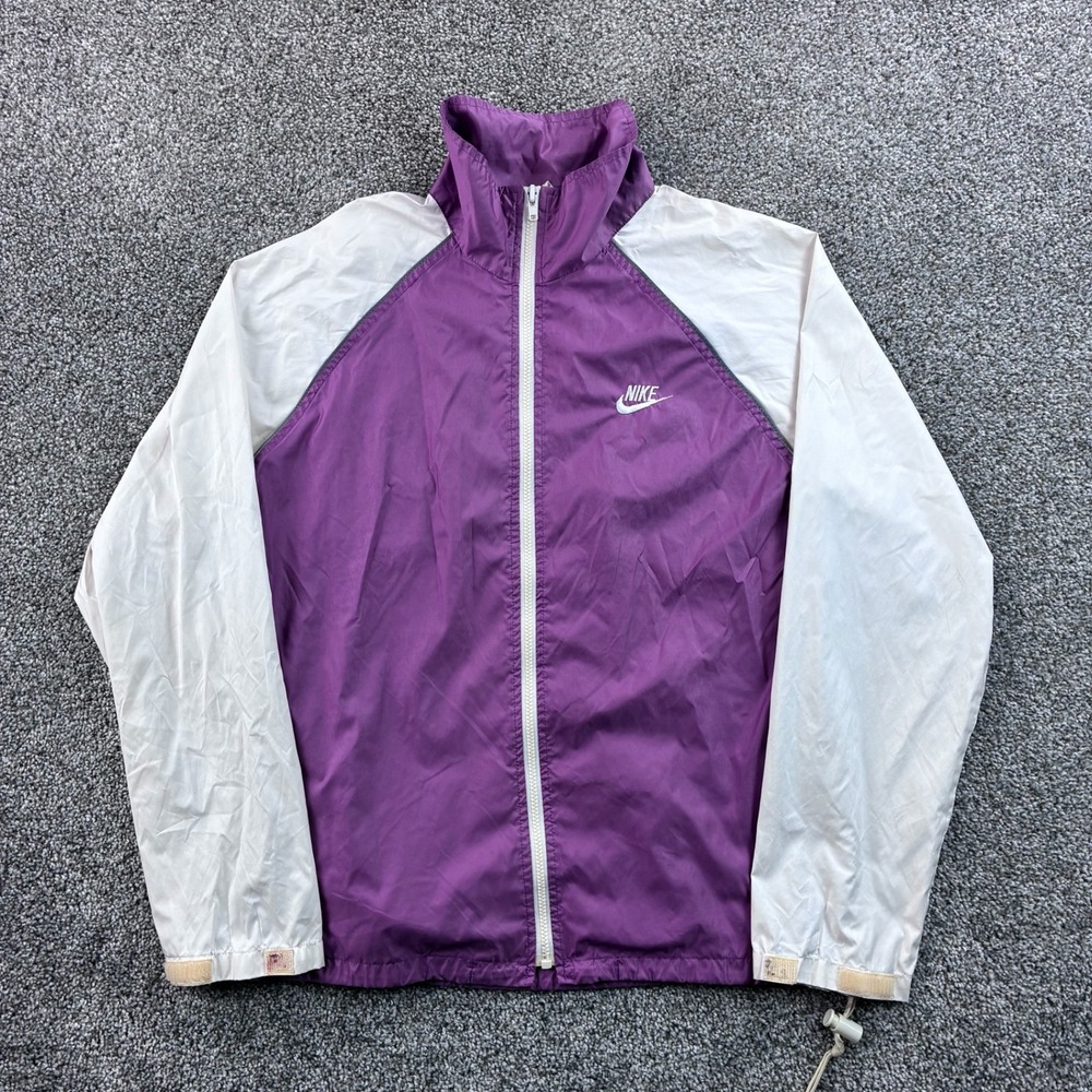 Vintage 80s Nike Windbreaker Jacket Women's M Purple Nylon Full Zip Cropped